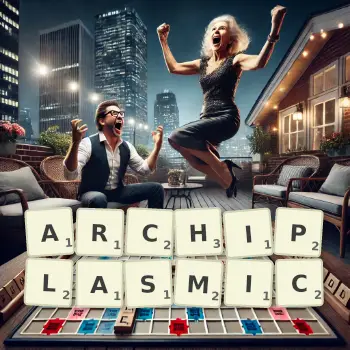 Creative illustration for a Scrabble game with the word ARCHIPLASMIC spelled out in tiles on the board.