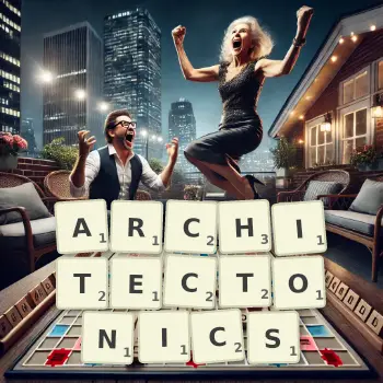 Creative illustration for a Scrabble game with the word ARCHITECTONICS spelled out in tiles on the board.