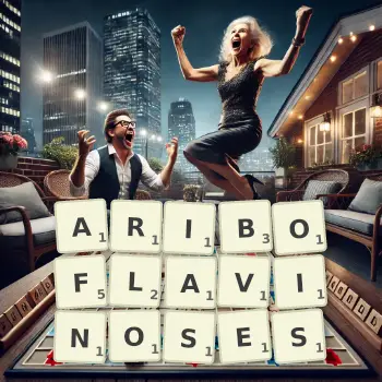 Creative illustration for a Scrabble game with the word ARIBOFLAVINOSES spelled out in tiles on the board.