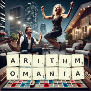 Creative illustration for a Scrabble game with the word ARITHMOMANIA spelled out in tiles on the board.