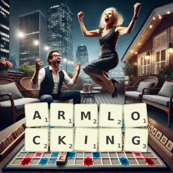Creative illustration for a Scrabble game with the word ARMLOCKING spelled out in tiles on the board.