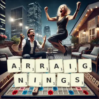 Creative illustration for a Scrabble game with the word ARRAIGNINGS spelled out in tiles on the board.