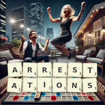 Creative illustration for a Scrabble game with the word ARRESTATIONS spelled out in tiles on the board.