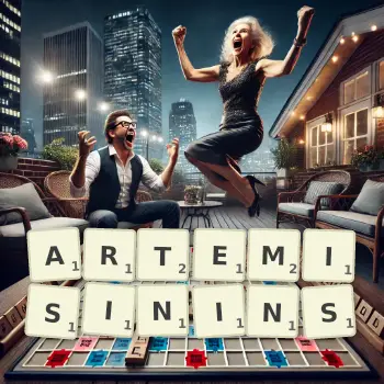 Creative illustration for a Scrabble game with the word ARTEMISININS spelled out in tiles on the board.