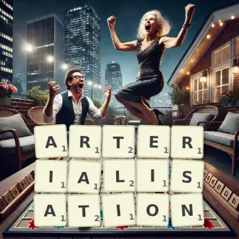 Creative illustration for a Scrabble game with the word ARTERIALISATION spelled out in tiles on the board.