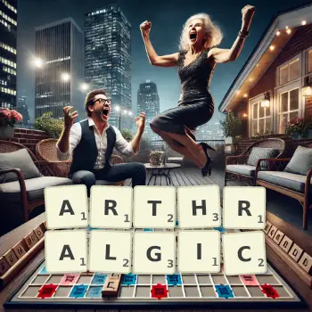 Creative illustration for a Scrabble game with the word ARTHRALGIC spelled out in tiles on the board.