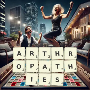 Creative illustration for a Scrabble game with the word ARTHROPATHIES spelled out in tiles on the board.