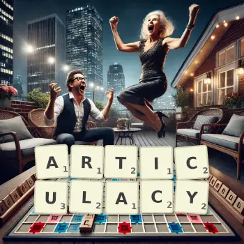 Creative illustration for a Scrabble game with the word ARTICULACY spelled out in tiles on the board.