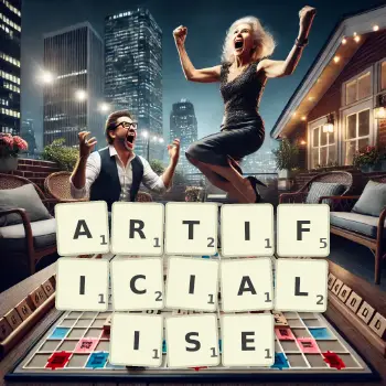 Creative illustration for a Scrabble game with the word ARTIFICIALISE spelled out in tiles on the board.