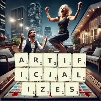 Creative illustration for a Scrabble game with the word ARTIFICIALIZES spelled out in tiles on the board.