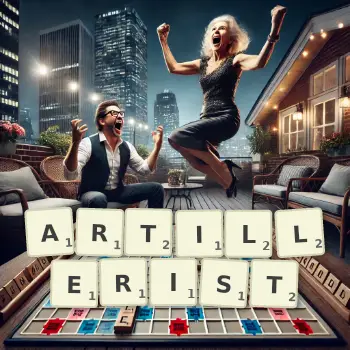 Creative illustration for a Scrabble game with the word ARTILLERIST spelled out in tiles on the board.