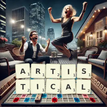 Creative illustration for a Scrabble game with the word ARTISTICAL spelled out in tiles on the board.