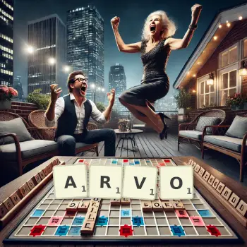 Creative illustration for a Scrabble game with the word ARVO spelled out in tiles on the board.