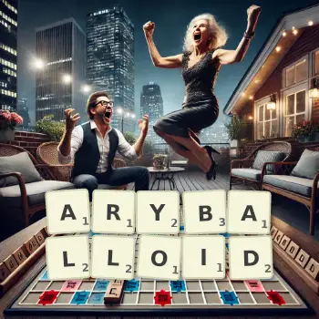 Creative illustration for a Scrabble game with the word ARYBALLOID spelled out in tiles on the board.