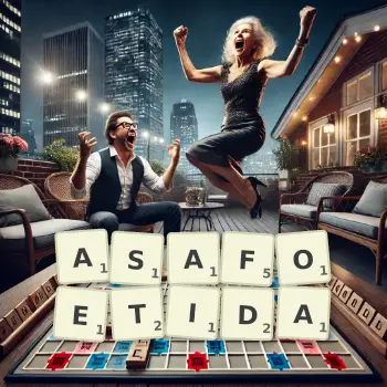 Creative illustration for a Scrabble game with the word ASAFOETIDA spelled out in tiles on the board.