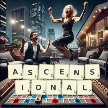Creative illustration for a Scrabble game with the word ASCENSIONAL spelled out in tiles on the board.