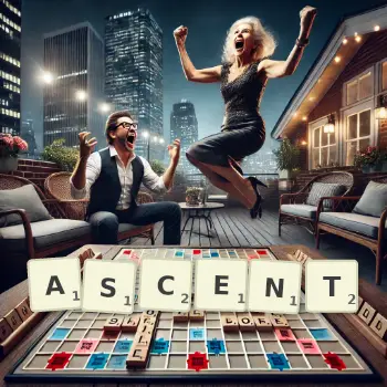 Creative illustration for a Scrabble game with the word ASCENT spelled out in tiles on the board.