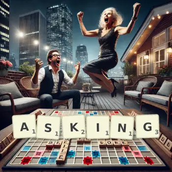 Creative illustration for a Scrabble game with the word ASKING spelled out in tiles on the board.