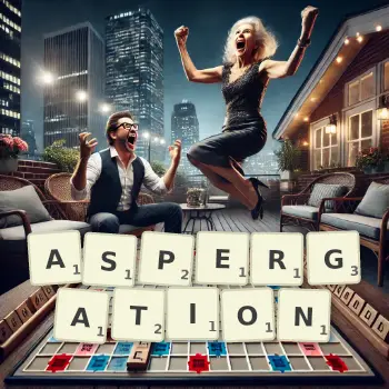 Creative illustration for a Scrabble game with the word ASPERGATION spelled out in tiles on the board.