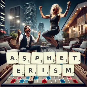 Creative illustration for a Scrabble game with the word ASPHETERISM spelled out in tiles on the board.