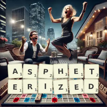 Creative illustration for a Scrabble game with the word ASPHETERIZED spelled out in tiles on the board.