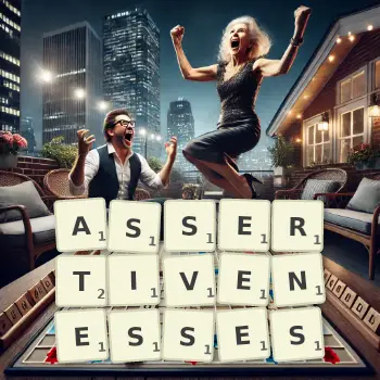 Creative illustration for a Scrabble game with the word ASSERTIVENESSES spelled out in tiles on the board.
