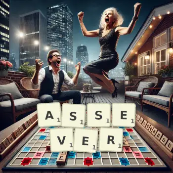 Creative illustration for a Scrabble game with the word ASSEVER spelled out in tiles on the board.