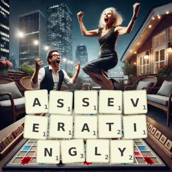 Creative illustration for a Scrabble game with the word ASSEVERATINGLY spelled out in tiles on the board.