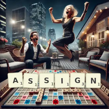 Creative illustration for a Scrabble game with the word ASSIGN spelled out in tiles on the board.