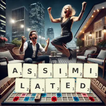 Creative illustration for a Scrabble game with the word ASSIMILATED spelled out in tiles on the board.