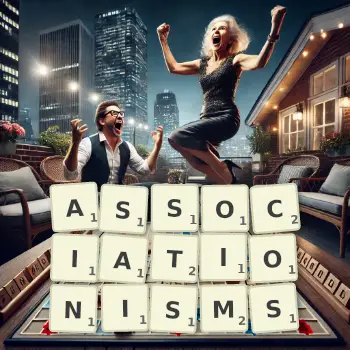 Creative illustration for a Scrabble game with the word ASSOCIATIONISMS spelled out in tiles on the board.
