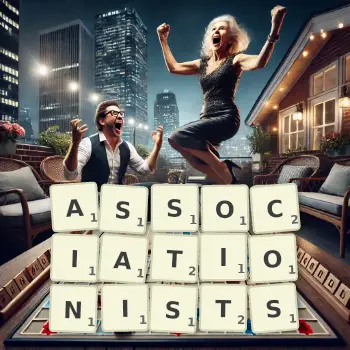 Creative illustration for a Scrabble game with the word ASSOCIATIONISTS spelled out in tiles on the board.