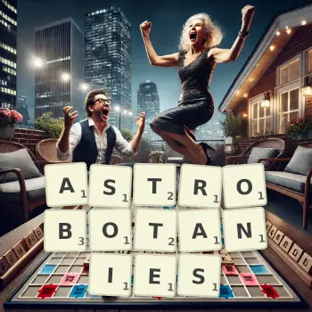 Creative illustration for a Scrabble game with the word ASTROBOTANIES spelled out in tiles on the board.