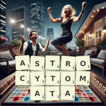 Creative illustration for a Scrabble game with the word ASTROCYTOMATA spelled out in tiles on the board.