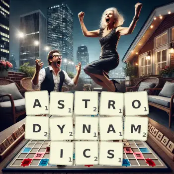 Creative illustration for a Scrabble game with the word ASTRODYNAMICS spelled out in tiles on the board.
