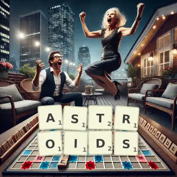 Creative illustration for a Scrabble game with the word ASTROIDS spelled out in tiles on the board.