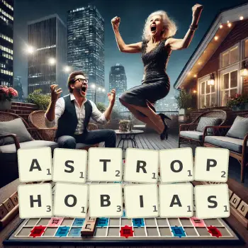 Creative illustration for a Scrabble game with the word ASTROPHOBIAS spelled out in tiles on the board.