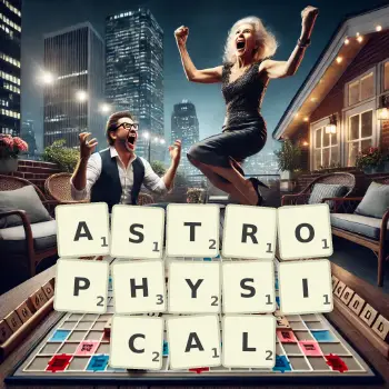 Creative illustration for a Scrabble game with the word ASTROPHYSICAL spelled out in tiles on the board.