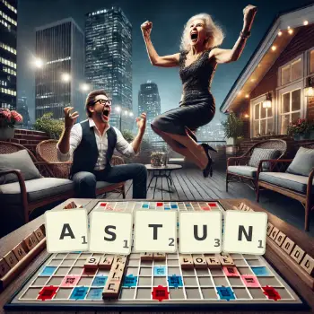 Creative illustration for a Scrabble game with the word ASTUN spelled out in tiles on the board.