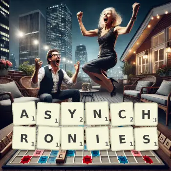 Creative illustration for a Scrabble game with the word ASYNCHRONIES spelled out in tiles on the board.