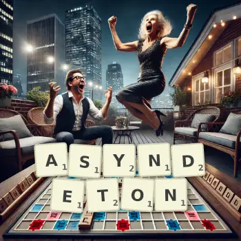 Creative illustration for a Scrabble game with the word ASYNDETON spelled out in tiles on the board.