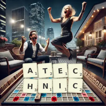 Creative illustration for a Scrabble game with the word ATECHNIC spelled out in tiles on the board.