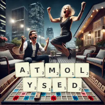 Creative illustration for a Scrabble game with the word ATMOLYSED spelled out in tiles on the board.