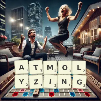 Creative illustration for a Scrabble game with the word ATMOLYZING spelled out in tiles on the board.