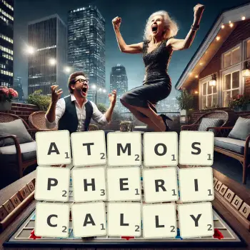 Creative illustration for a Scrabble game with the word ATMOSPHERICALLY spelled out in tiles on the board.
