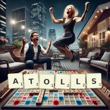 Creative illustration for a Scrabble game with the word ATOLLS spelled out in tiles on the board.