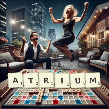 Creative illustration for a Scrabble game with the word ATRIUM spelled out in tiles on the board.