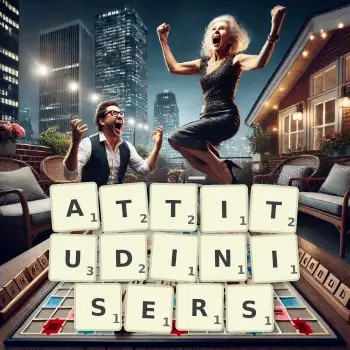 Creative illustration for a Scrabble game with the word ATTITUDINISERS spelled out in tiles on the board.