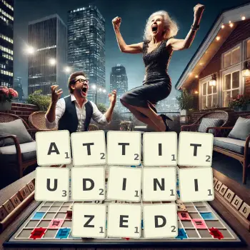 Creative illustration for a Scrabble game with the word ATTITUDINIZED spelled out in tiles on the board.