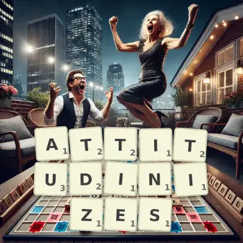 Creative illustration for a Scrabble game with the word ATTITUDINIZES spelled out in tiles on the board.